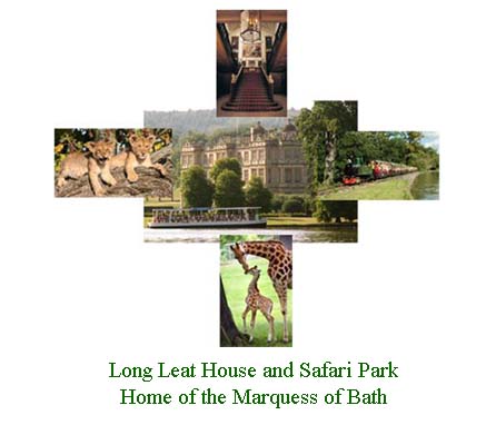 Longleat House (centre) and Safari Boat, clockwise The Main Stair Case Longleat, The Longleat Railway, Longleat Giraffe and Lion Cubs.